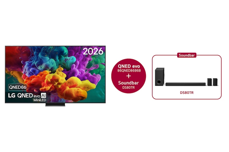 Vooraanzicht van 86 inch LG QNED evo AI QNED86 Mini LED 4K Smart TV 2026 & DS80TR 5.1.3-kanaals 86QNED86B6B.DS80TR